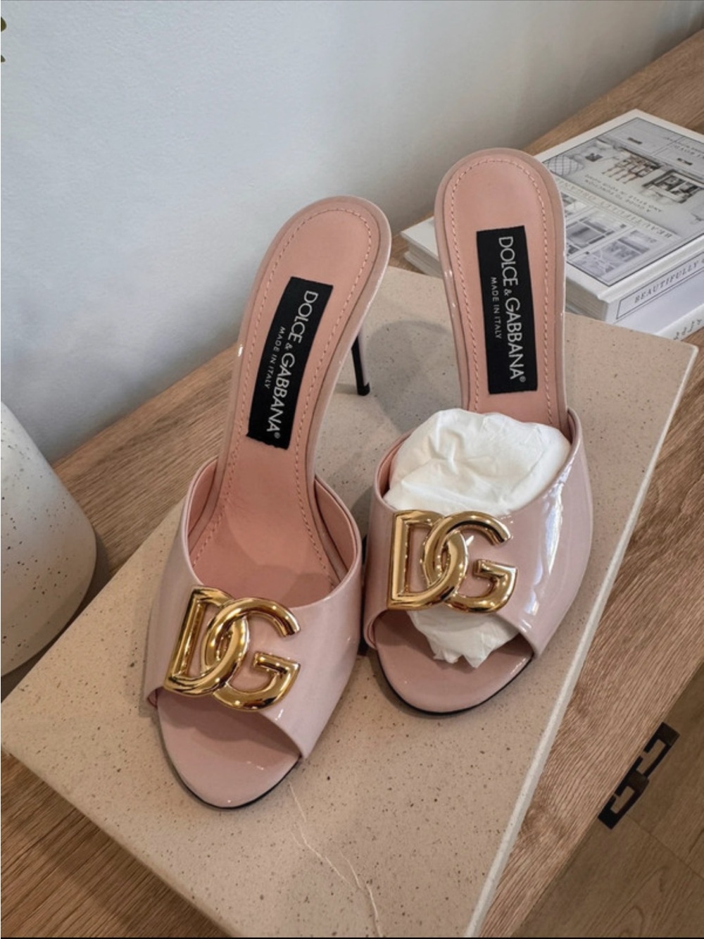 Dolce & Gabbana Pink Patent Leather Slide Mules with Gold DG Logo